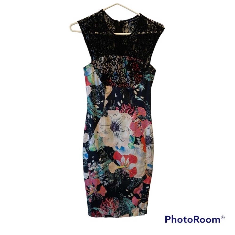 French Connection - US 6 - Floral patterned dress with black lace top